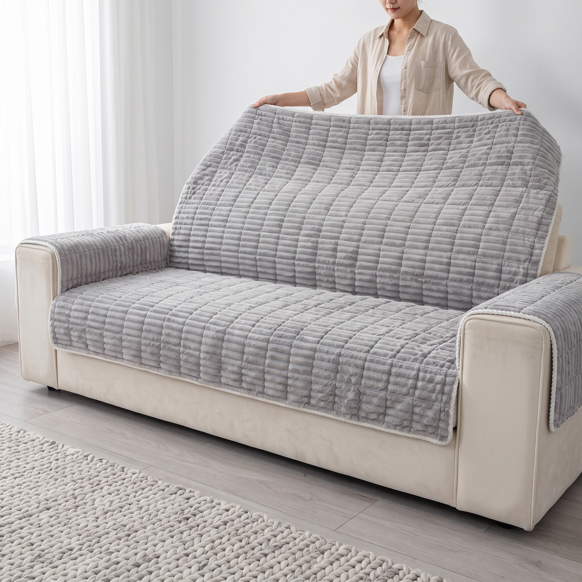 Spill-Resistant Non-Slip 1-Piece Plush Couch Cover